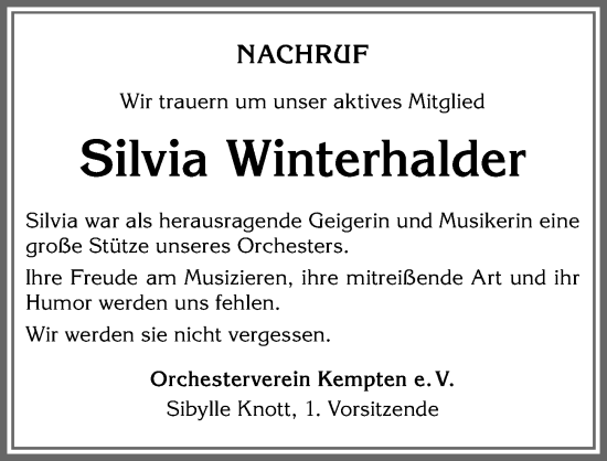 Traueranzeige von Silvia Winterhalder von Allgäuer Zeitung,Kempten