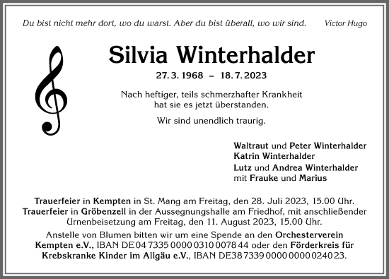 Traueranzeige von Silvia Winterhalder von Allgäuer Zeitung,Kempten