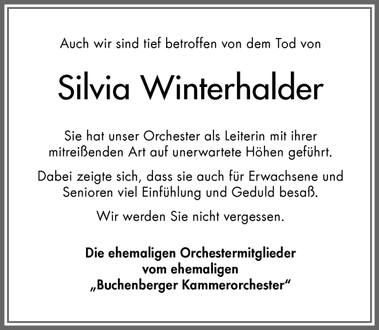 Traueranzeige von Silvia Winterhalder von Allgäuer Zeitung,Kempten