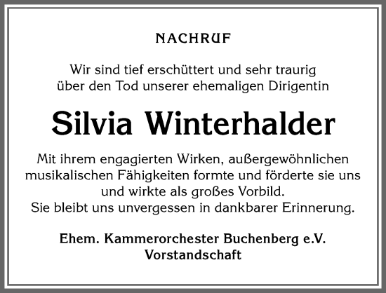 Traueranzeige von Silvia Winterhalder von Allgäuer Zeitung,Kempten