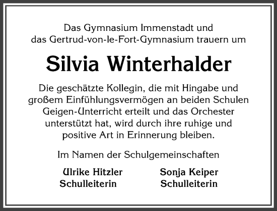 Traueranzeige von Silvia Winterhalder von Allgäuer Anzeigeblatt