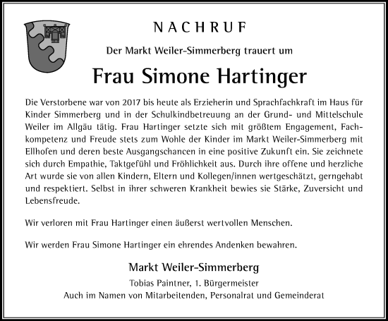 Traueranzeige von Simone Hartinger von Der Westallgäuer