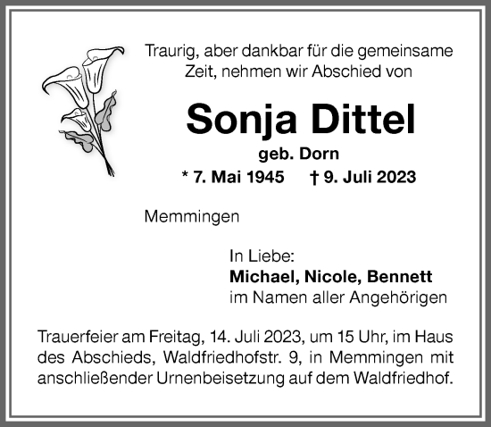 Traueranzeige von Sonja Dittel von Memminger Zeitung