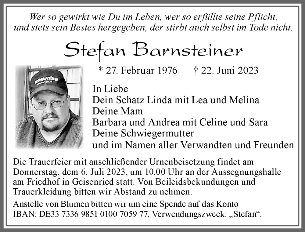  Traueranzeige für Stefan Barnsteiner vom 03.07.2023 aus Allgäuer Zeitung, Marktoberdorf