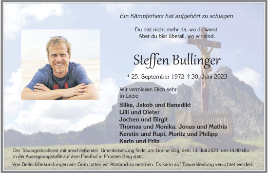 Traueranzeige von Steffen Bullinger von Allgäuer Zeitung, Füssen