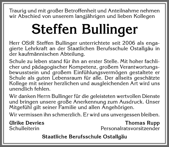 Traueranzeige von Steffen Bullinger von Allgäuer Zeitung, Füssen