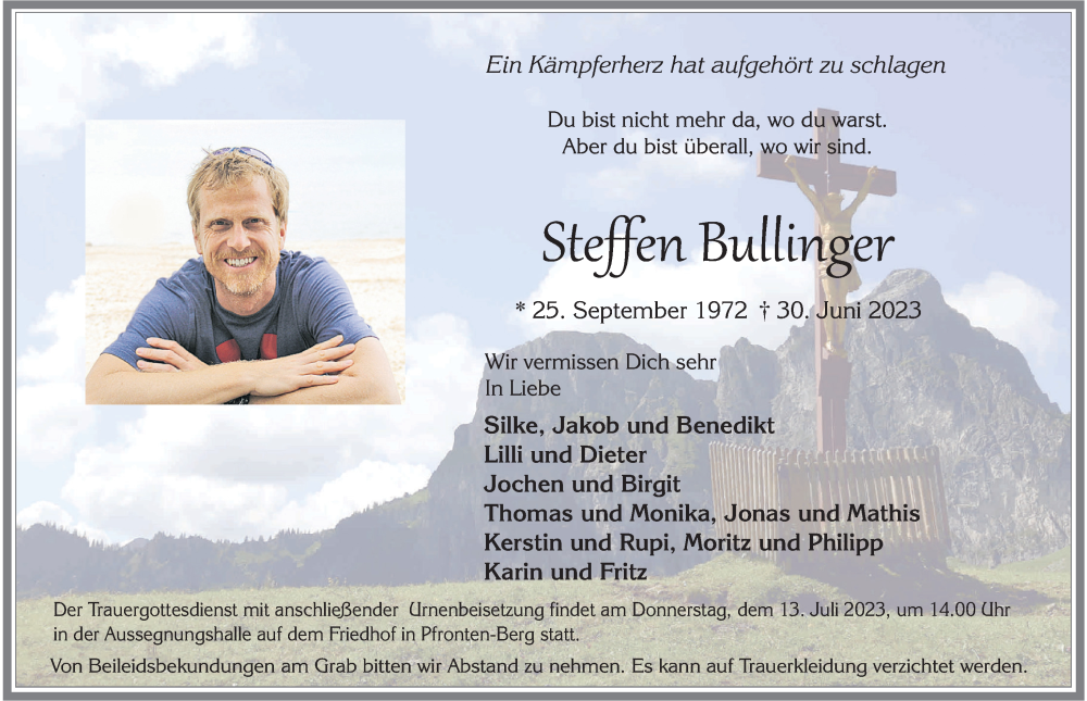  Traueranzeige für Steffen Bullinger vom 08.07.2023 aus Allgäuer Zeitung, Füssen