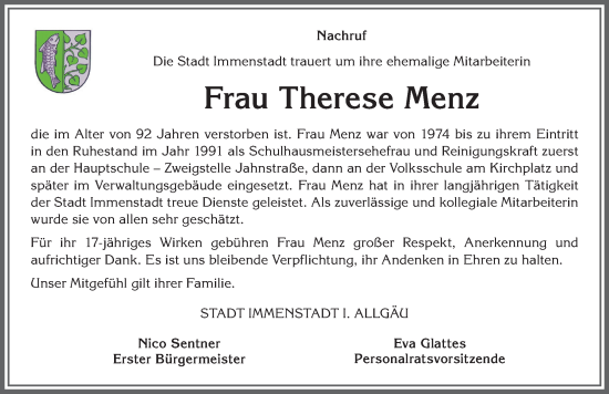 Traueranzeige von Therese Menz von Allgäuer Anzeigeblatt