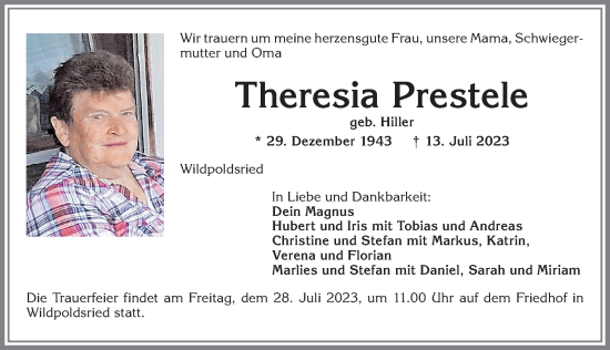 Traueranzeige von Theresia Prestele von Allgäuer Zeitung,Kempten