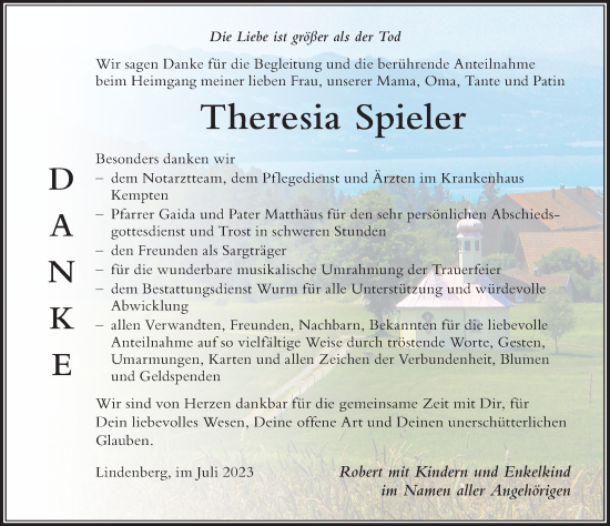 Traueranzeige von Theresia Spieler von Der Westallgäuer