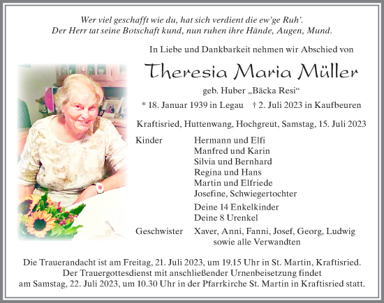 Traueranzeige von Theresia Maria Müller von Allgäuer Zeitung, Marktoberdorf
