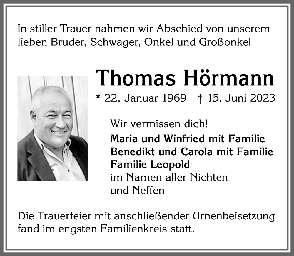  Traueranzeige für Thomas Hörmann vom 08.07.2023 aus Allgäuer Zeitung,Kempten