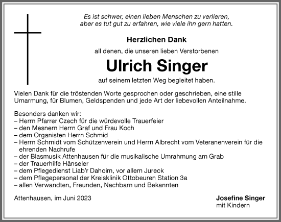 Traueranzeige von Ulrich Singer von Memminger Zeitung