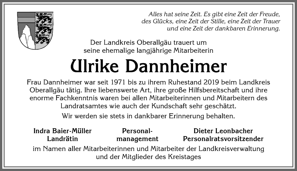  Traueranzeige für Ulrike Dannheimer vom 05.07.2023 aus Allgäuer Zeitung,Kempten