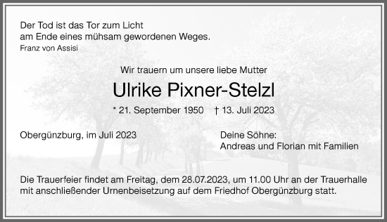 Traueranzeige von Ulrike Pixner-Stelzl von Allgäuer Zeitung, Marktoberdorf