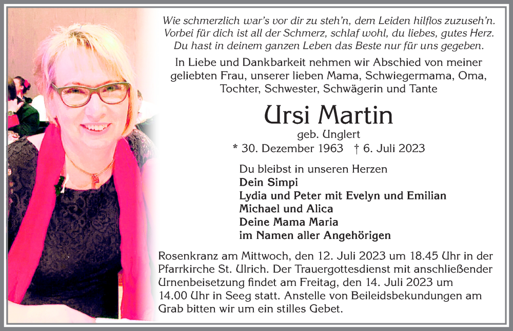  Traueranzeige für Ursi Martin vom 10.07.2023 aus Allgäuer Zeitung, Füssen