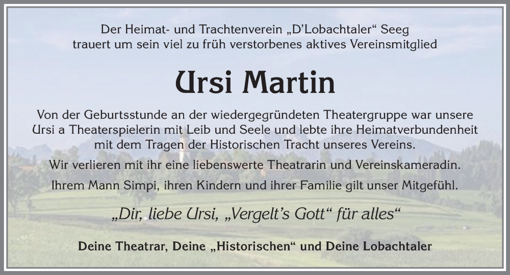  Traueranzeige für Ursi Martin vom 12.07.2023 aus Allgäuer Zeitung, Füssen