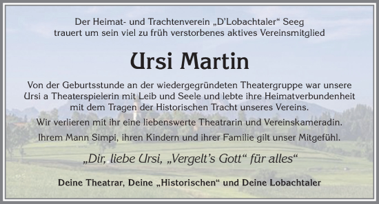 Traueranzeige von Ursi Martin von Allgäuer Zeitung, Füssen