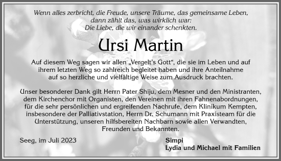 Traueranzeige von Ursi Martin von Allgäuer Zeitung, Füssen