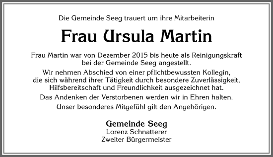 Traueranzeige von Ursula Martin von Allgäuer Zeitung, Füssen