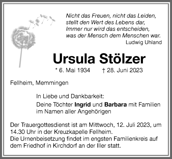 Traueranzeige von Ursula Stölzer von Memminger Zeitung