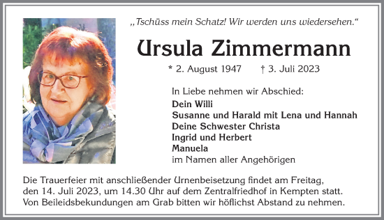 Traueranzeige von Ursula Zimmermann von Allgäuer Zeitung,Kempten