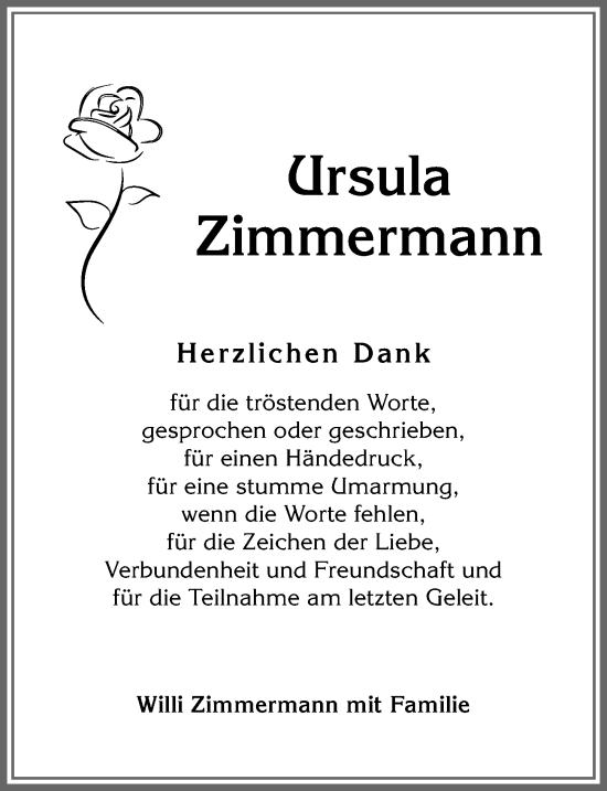 Traueranzeige von Ursula Zimmermann von Allgäuer Zeitung,Kempten