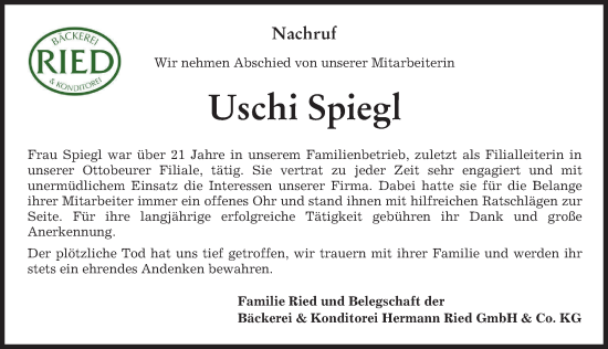 Traueranzeige von Uschi Spiegl von Memminger Zeitung