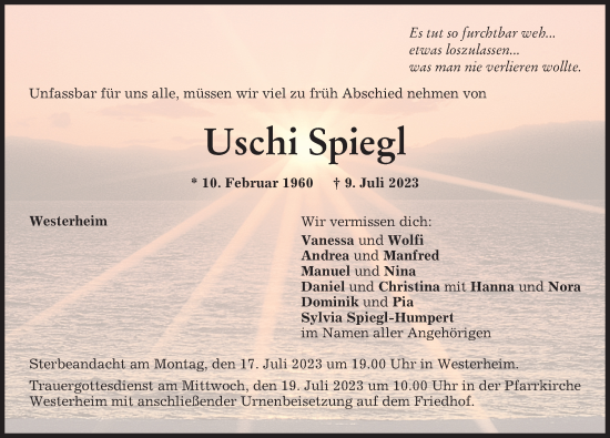 Traueranzeige von Uschi Spiegl von Memminger Zeitung