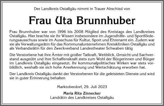 Traueranzeige von Uta Brunnhuber von Allgäuer Zeitung, Marktoberdorf