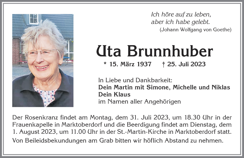  Traueranzeige für Uta Brunnhuber vom 29.07.2023 aus Allgäuer Zeitung, Marktoberdorf