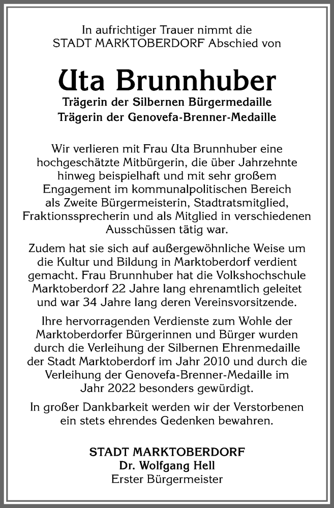  Traueranzeige für Uta Brunnhuber vom 29.07.2023 aus Allgäuer Zeitung, Marktoberdorf