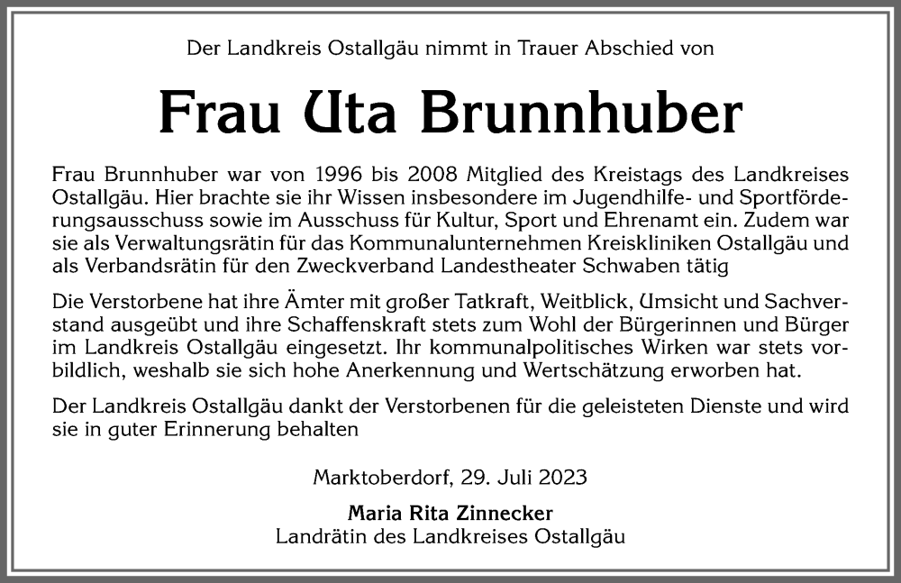  Traueranzeige für Uta Brunnhuber vom 29.07.2023 aus Allgäuer Zeitung, Marktoberdorf