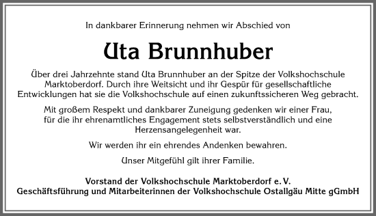Traueranzeige von Uta Brunnhuber von Allgäuer Zeitung, Marktoberdorf