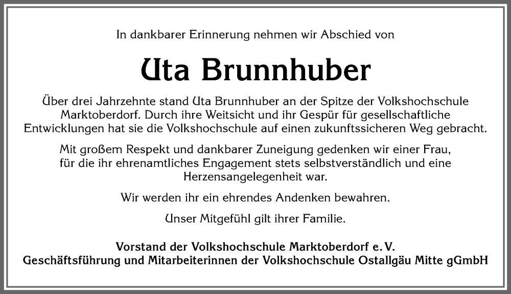  Traueranzeige für Uta Brunnhuber vom 29.07.2023 aus Allgäuer Zeitung, Marktoberdorf