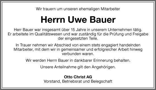 Traueranzeige von Uwe Bauer von Memminger Zeitung