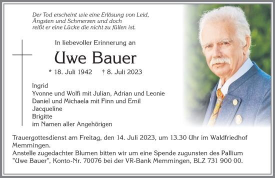 Traueranzeige von Uwe Bauer von Memminger Zeitung