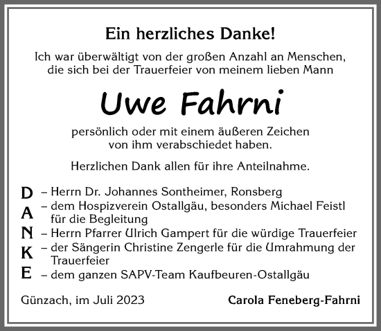 Traueranzeige von Uwe Fahrni von Allgäuer Zeitung, Marktoberdorf