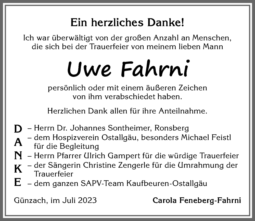  Traueranzeige für Uwe Fahrni vom 15.07.2023 aus Allgäuer Zeitung, Marktoberdorf