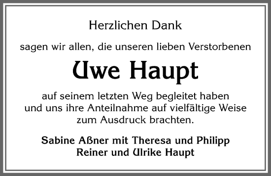 Traueranzeige von Uwe Haupt von Allgäuer Anzeigeblatt