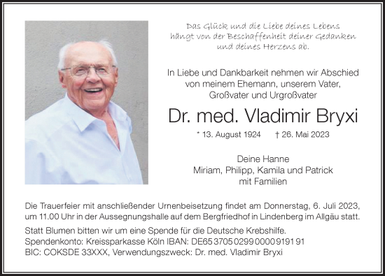 Traueranzeige von Vladimir Bryxi von Der Westallgäuer