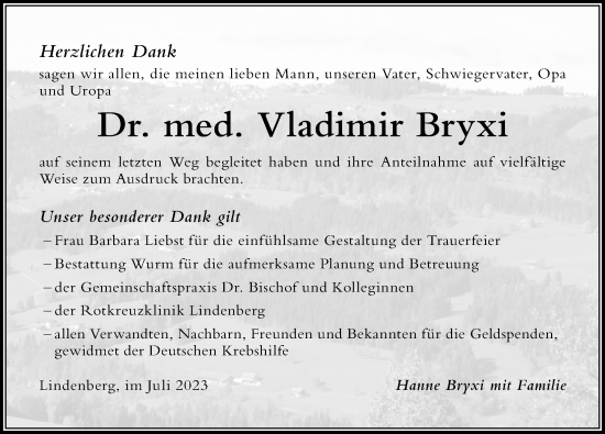 Traueranzeige von Vladimir Bryxi von Der Westallgäuer