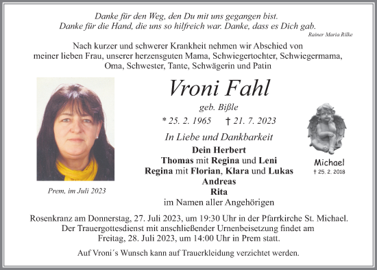 Traueranzeige von Vroni Fahl von Allgäuer Zeitung, Füssen