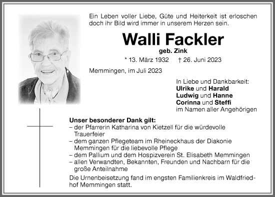 Traueranzeige von Walli Fackler von Memminger Zeitung