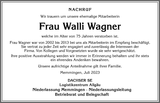 Traueranzeige von Walli Wagner von Memminger Zeitung