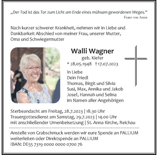 Traueranzeige von Walli Wagner von Memminger Zeitung