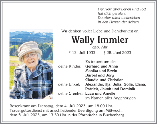 Traueranzeige von Wally Immler von Allgäuer Zeitung,Kempten