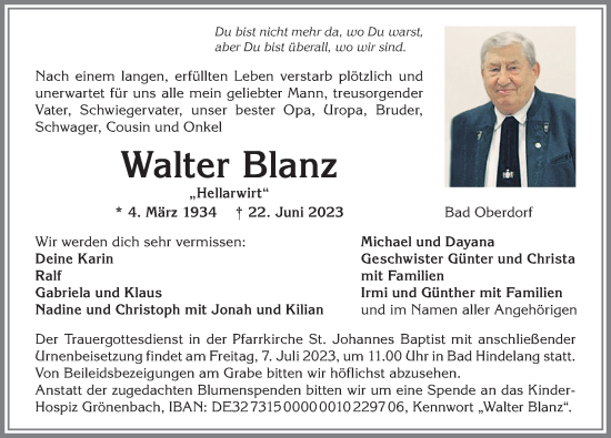 Traueranzeige von Walter Blanz von Allgäuer Anzeigeblatt