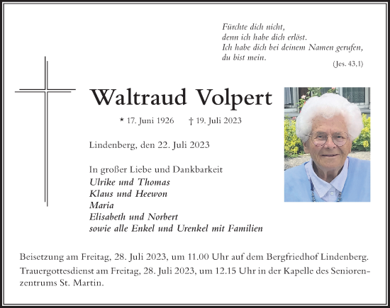 Traueranzeige von Waltraud Volpert von Der Westallgäuer