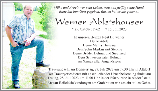 Traueranzeige von Werner Abletshauser von Allgäuer Zeitung, Marktoberdorf